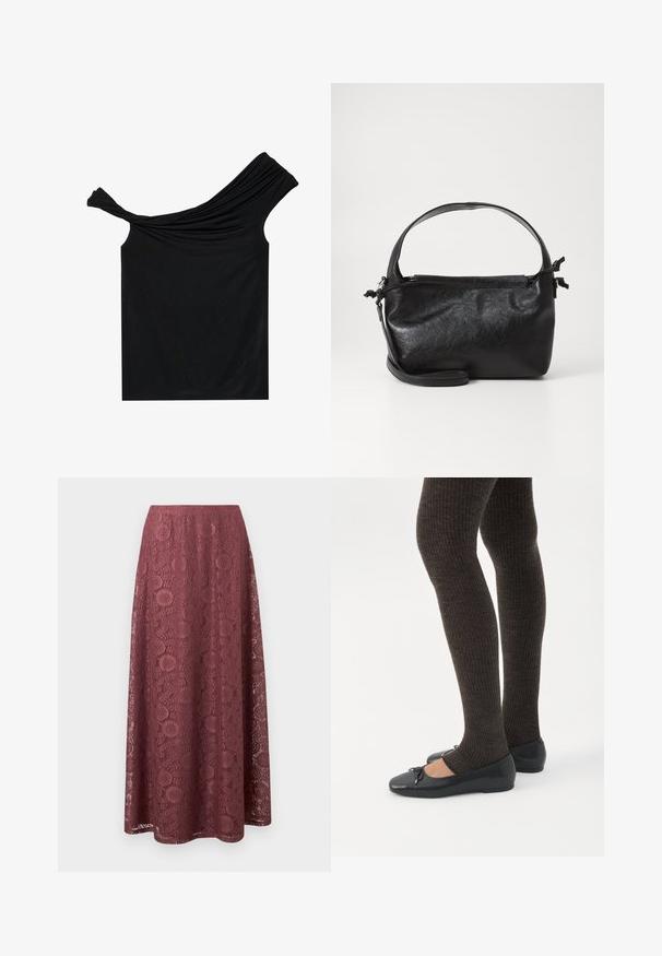 Zwarte off-shoulder top van een zachte stof. Heeft gedraaide details bij de halslijn en een strakke pasvorm.; Lange mauve kanten rok met bloem- en geometrische patronen, A-lijn silhouet en een gladde tailleband.; Benen met donkere geribbelde leggings gecombineerd met zwarte ballerina's met kleine strikdetails op een witte achtergrond.; Zwarte leren handtas met een gestructureerd ontwerp, een ronde bovenhandgreep en een afneembare schouderriem. Beschikt over een gladde textuur en een subtiele glans.