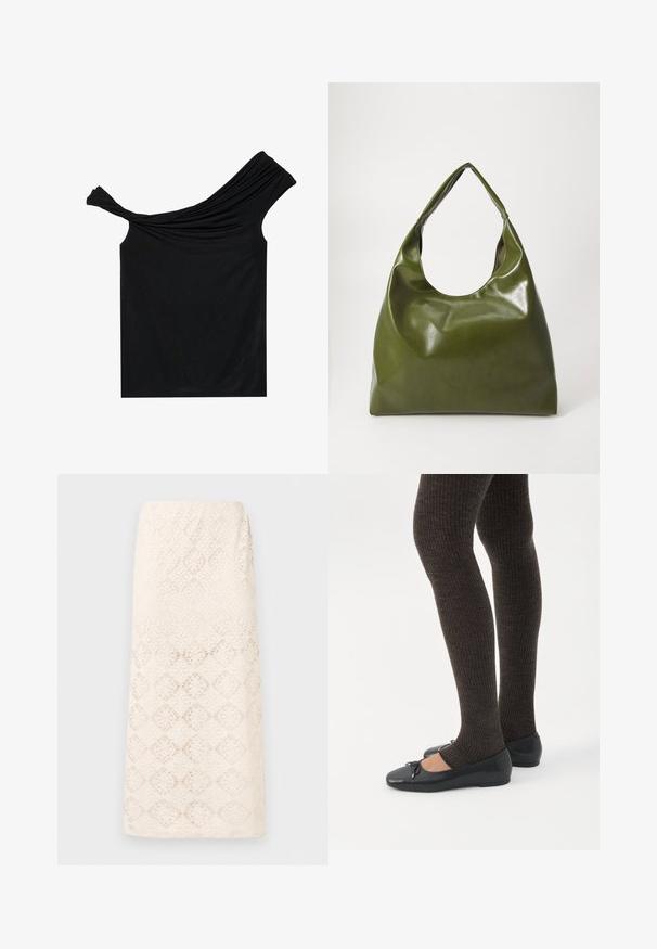 Zwarte off-shoulder top van een zachte stof. Heeft gedraaide details bij de halslijn en een strakke pasvorm.; Beige kanten kokerrok tot op de knie met een bloemig cirkelpatroon en een rechte zoom.; Benen met donkere geribbelde leggings gecombineerd met zwarte ballerina's met kleine strikdetails op een witte achtergrond.; Groene leren hobotas met een slordig ontwerp, gebogen handvat en een gladde textuur. Bevat geen zichtbare hardware of accenten.