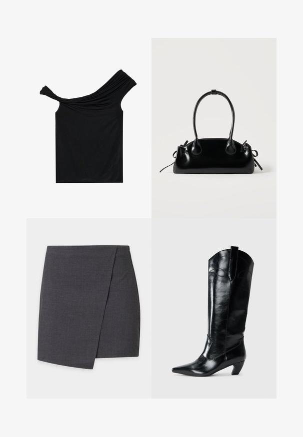 Blusa negra sin hombros hecha de una tela suave. Presenta un detalle retorcido en el escote y una silueta ajustada.; Minifalda gris oscuro de estilo envolvente con líneas limpias y un sutil detalle de solapado lateral.; Botas de cuero negras hasta la rodilla con punta afilada, tacón bajo y detalle de costura decorativa en los laterales. Acabado suave y brillante.; Pequeño bolso negro brillante con dos asas largas y detalles de cordón lateral sobre un fondo claro liso.