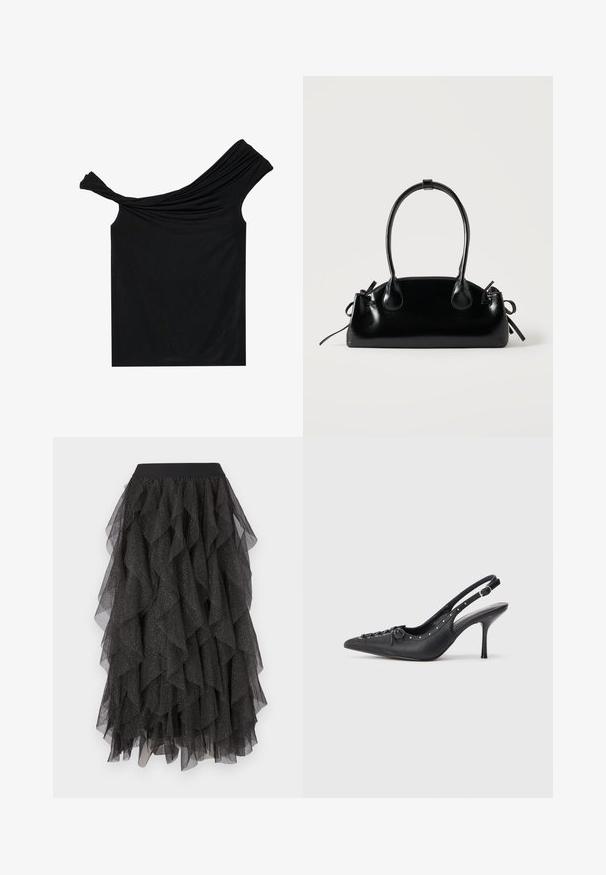 Blusa negra sin hombros hecha de una tela suave. Presenta un detalle retorcido en el escote y una silueta ajustada.; Falda de tul negra con capas en forma de volantes y un patrón brillante salpicado de plateado. Presenta una cinturilla elástica negra.; Sandal de tacón stiletto negro de cuero con punta afilada, correa lateral con hebilla, tachuelas a lo largo del borde y cordones decorativos en la parte delantera.; Pequeño bolso negro brillante con dos asas largas y detalles de cordón lateral sobre un fondo claro liso.