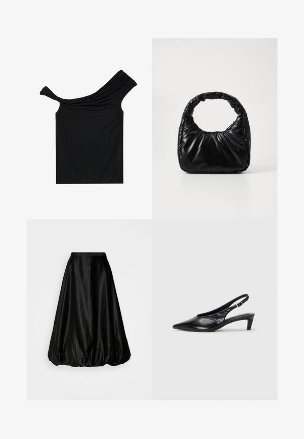 Blusa negra sin hombros hecha de una tela suave. Presenta un detalle retorcido en el escote y una silueta ajustada.; Falda midi de satén negro con forma volumétrica y de globo. Textura suave y cintura ajustada, diseñada para una silueta fluida.; Tacón de piel negra tipo slingback con punta afilada, tacón bajo tipo kitten y correa ajustable con hebilla. Textura suave con un detalle mínimo.; Bolso negro acolchado con un asa redondeada, que presenta una superficie lisa y brillante y una textura suave y acolchada. Sin herrajes ni acentos visibles.