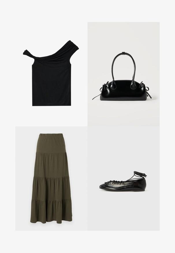 Blusa negra sin hombros hecha de una tela suave. Presenta un detalle retorcido en el escote y una silueta ajustada.; Falda maxi de capas en verde oliva con cintura elástica y paneles de tela fruncida.; Zapatos planos tipo ballet de charol negro con punta redondeada, diseño con cordones y suela plana. Textura lisa con detalles mínimos.; Pequeño bolso negro brillante con dos asas largas y detalles de cordón lateral sobre un fondo claro liso.