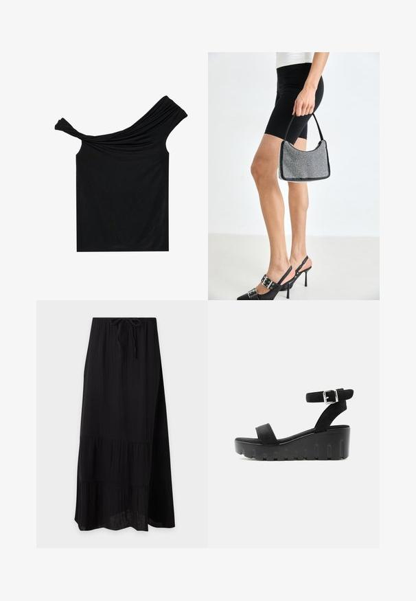 Blusa negra sin hombros hecha de una tela suave. Presenta un detalle retorcido en el escote y una silueta ajustada.; Falda larga negra de volantes con cintura elástica y cordón ajustable, hecha de tejido ligero.; Sandalia de cuña plataforma negra con suela gruesa, banda frontal y correa en el tobillo con hebilla plateada, mostrada sobre fondo blanco.; Bolso de cuentas negras con una silueta curva, asa de transporte y textura brillante. Llevado con zapatos de tacón altos negros y pantalones cortos negros ajustados.