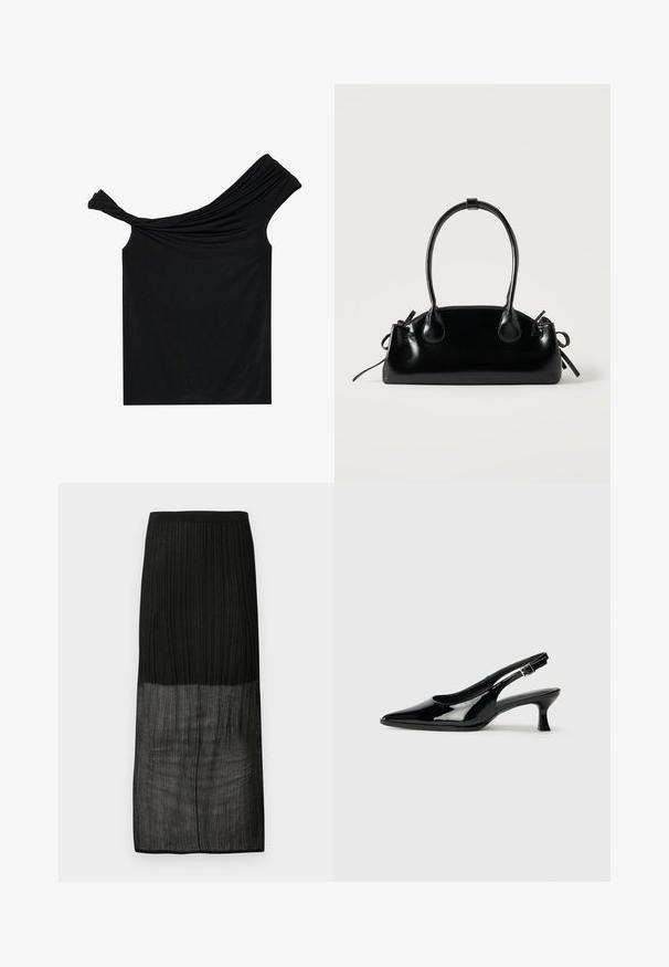 Zwarte off-shoulder top van een zachte stof. Heeft gedraaide details bij de halslijn en een strakke pasvorm.; Zwarte ribgebreide midirok met een doorschijnend onderste gedeelte en een elastische tailleband, plat gelegd op een witte achtergrond.; Zwarte lakleren slingback schoenen met een spitse neus en een lage blokhak. Verstelbare gespband bij de enkel.; Kleine zwarte glanzende handtas met twee lange hengsels en zijkant trekkoord details op een effen lichte achtergrond.