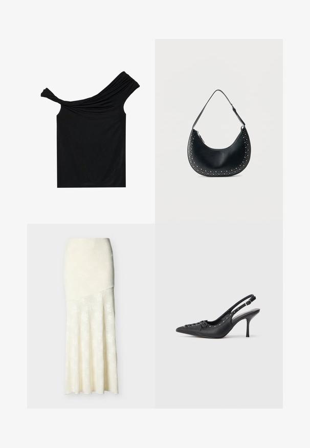 Blusa negra sin hombros hecha de una tela suave. Presenta un detalle retorcido en el escote y una silueta ajustada.; Falda midi de encaje floral color marfil con cintura ajustada y dobladillo acampanado, que presenta un panel superpuesto asimétrico.; Sandal de tacón stiletto negro de cuero con punta afilada, correa lateral con hebilla, tachuelas a lo largo del borde y cordones decorativos en la parte delantera.; Bolso de hombro en forma de media luna de cuero negro con tachuelas plateadas a lo largo de los bordes y una correa ajustable sobre fondo blanco.