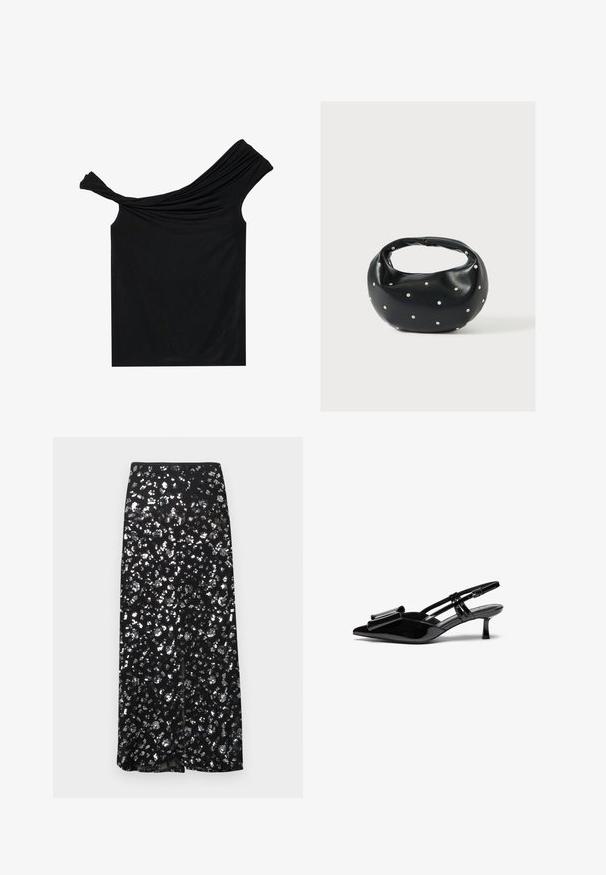 Zwarte off-shoulder top van een zachte stof. Heeft gedraaide details bij de halslijn en een strakke pasvorm.; Zwarte rok met zilveren paillettenpatroon. Heeft een rechte snit en een split aan de voorkant, wat een glanzende textuur creëert.; Zwarte gepatineerde lederen slingback hakken met een puntige neus, een strikdetail aan de voorkant en een kleine stilettohak. De bandjes hebben verstelbare gespen.; Zwarte leren handtas met een afgeronde vorm, versierd met zilveren studs, en een korte handgreep. Gladde textuur en ritsluiting.