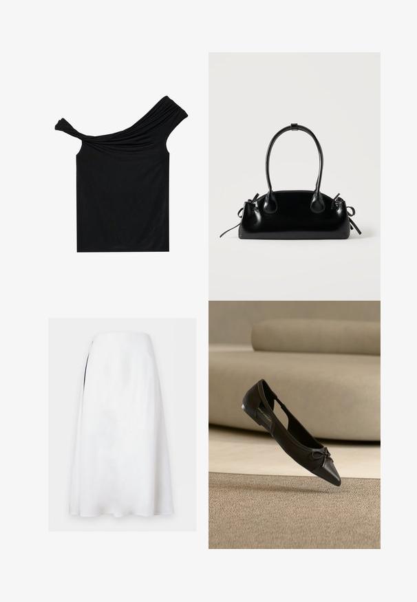 Zwarte off-shoulder top van een zachte stof. Heeft gedraaide details bij de halslijn en een strakke pasvorm.; Witte A-lijn midi-rok met een hoge taille en subtiele zijsplit op een effen achtergrond.; Zwarte platte puntige schoen met een klein strikdetail, getoond boven een beige tapijt en voor een beige bank.; Kleine zwarte glanzende handtas met twee lange hengsels en zijkant trekkoord details op een effen lichte achtergrond.