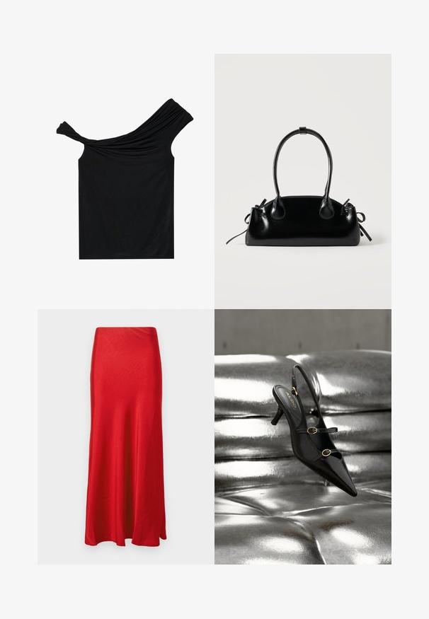 Sort off-shoulder top lavet af et blødt stof. Har snoet detalje ved udskæringen og en tætsiddende silhuet.; Rød maxinederdel i satin med en glat tekstur, der har høj talje og en diskret A-formet silhuet. Kanten er let udflækket forneden.; Sort spids tå slingback-hæl med to gyldne spænder, der hviler på en blank sølvpolstret overflade.; Lille sort blank håndtaske med to lange håndtag og snøre-detaljer i siden på en ensfarvet lys baggrund.