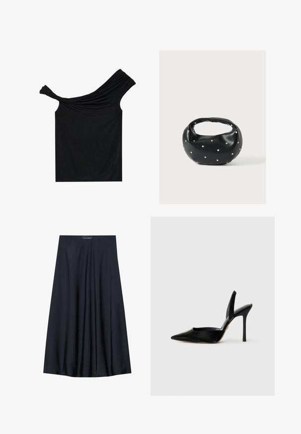 Blusa negra sin hombros hecha de una tela suave. Presenta un detalle retorcido en el escote y una silueta ajustada.; Falda negra, de largo hasta la rodilla, hecha de una tela ligera con un diseño fluido. Presenta una textura suave y pliegues sutiles como detalle adicional.; Zapato de tacón alto de cuero negro con punta afilada, costado abierto y tacón stiletto delgado. Textura suave con un acabado brillante.; Bolso de mano de cuero negro con forma redondeada, decorado con detalles de tachuelas plateadas y un asa corta. Textura lisa y cierre con cremallera.