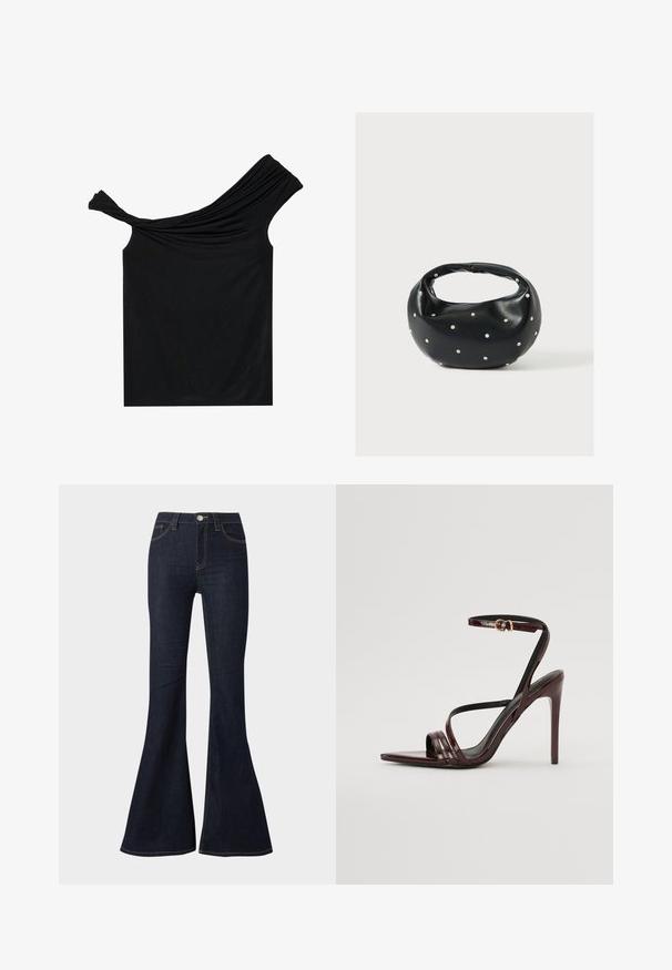 Zwarte off-shoulder top van een zachte stof. Heeft gedraaide details bij de halslijn en een strakke pasvorm.; Donkerblauwe high-waisted flare jeans met knoop aan de voorkant, ritssluiting en zichtbare contrasterende stiksels op zakken en naden.; Bordeaux gepatineerde leren hoge hakken sandaal met een enkelbandje, puntige neus en drie horizontale banden over de voet. Details met gouden gesp.; Zwarte leren handtas met een afgeronde vorm, versierd met zilveren studs, en een korte handgreep. Gladde textuur en ritsluiting.