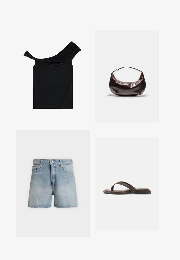 Schwarzes, schulterfreies Oberteil aus einem weichen Stoff. Mit gedrehten Details am Ausschnitt und einer figurbetonten Silhouette.; Hellblaue Denim-Shorts mit vorderer Knopfleiste, Reißverschluss, Gürtelschlaufen und vorderen Taschen, auf neutralem grauem Hintergrund gezeigt.; Brauner Ledersandale mit flacher schwarzer Sohle und breitem Riemen über dem Fuß, seitlich auf weißem Hintergrund dargestellt.; Dunkelbraune Schultertasche aus weichem Leder mit kurzem Riemen und goldfarbenem Verschlussdetail, vor einem schlichten hellen Hintergrund platziert.