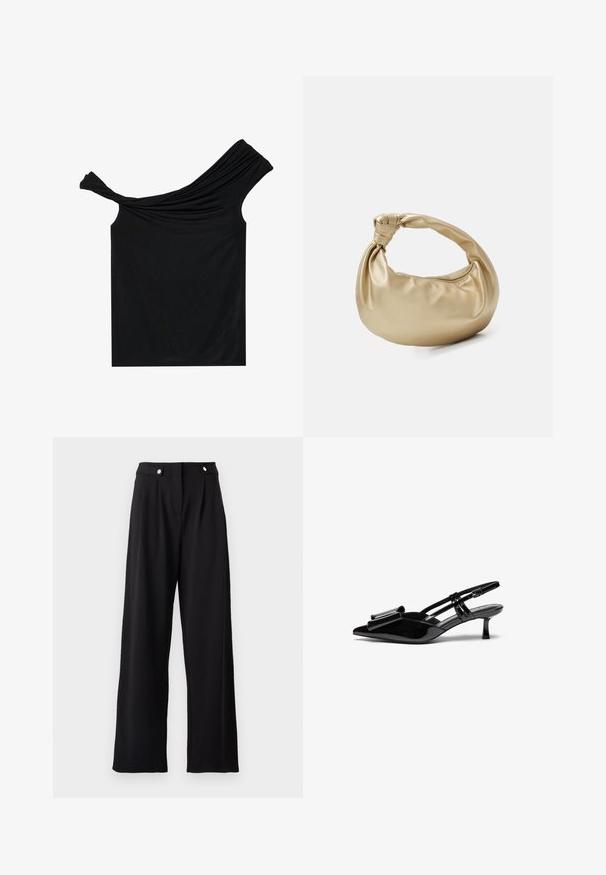 Blusa negra sin hombros hecha de una tela suave. Presenta un detalle retorcido en el escote y una silueta ajustada.; Pantalones de pierna ancha negros con una textura suave, que presentan una cinturilla alta, pliegues en la parte frontal y detalles metálicos en los botones.; Zapatos de tacón slingback de charol negro con punta afilada, detalle de lazo en el frente y un pequeño tacón de aguja. Las correas tienen hebillas ajustables.; Bolso de metal dorado con una textura suave y brillante. Presenta un asa anudada y una forma redondeada y suave. Cierre de cremallera en la parte superior.