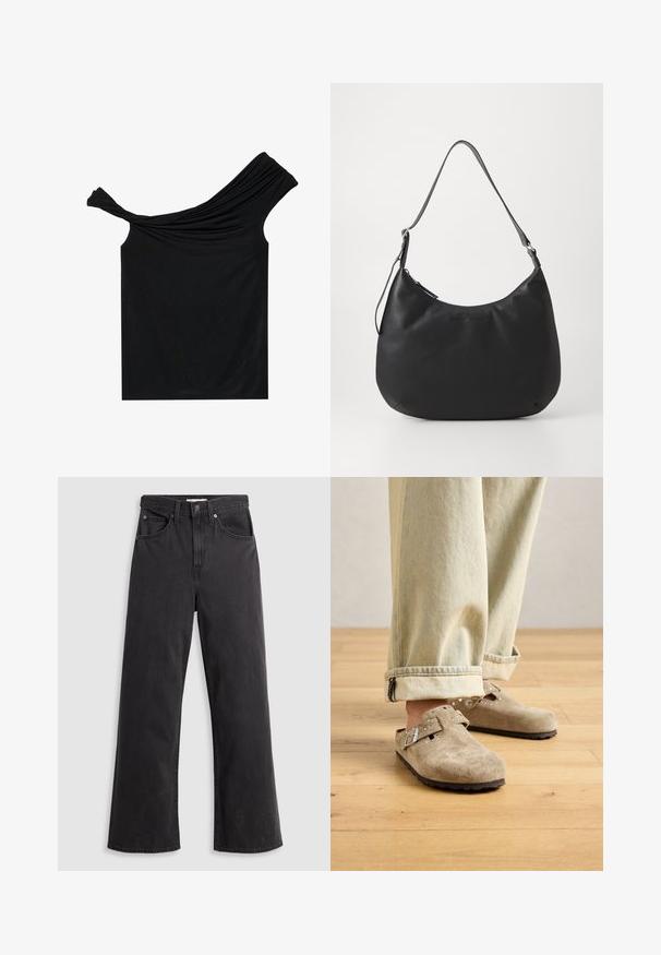 Schwarzes, schulterfreies Oberteil aus einem weichen Stoff. Mit gedrehten Details am Ausschnitt und einer figurbetonten Silhouette.; Schwarze Denim-Weitbein-Jeans mit hohem Bund, fünf Taschen und Metallknopfverschluß. Der Stoff hat eine glatte, leicht verblichene Textur.; Hellebeige Wildleder-Slipper mit einer Metallschnalle und Nieten-Details, getragen zu gekrempelten hellblauen Jeans auf einem Holzboden.; Schwarze Hobo-Tasche aus glattem, strapazierfähigem Material. Verfügt über einen einzelnen verstellbaren Tragegurt und ein dezentes, eingeprägtes Logo auf der Vorderseite.