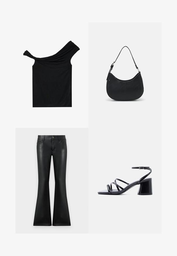 Schwarzes, schulterfreies Oberteil aus einem weichen Stoff. Mit gedrehten Details am Ausschnitt und einer figurbetonten Silhouette.; Schwarze ausgestellte Hose aus glattem, glänzendem Material. Verfügt über ein Fünf-Taschen-Design, vordere Knopfverschluss und dezente kontrastierende Nähte.; Schwarze Damensandale mit Blockabsatz, drei dünnen Riemen über den Zehen und Knöchelriemen mit silberner Schnalle vor weißem Hintergrund.; Schwarze Hobo-Tasche aus glattem Leder mit einer geschwungenen Silhouette, ausgestattet mit einem einzelnen verstellbaren Trageriemen und minimalistischem Design.