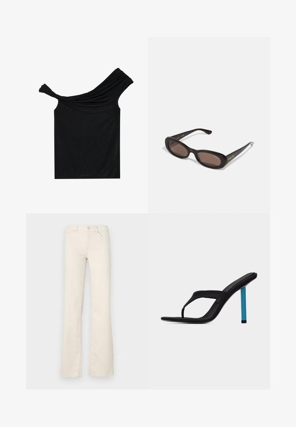 Sort off-shoulder top lavet af et blødt stof. Har snoet detalje ved udskæringen og en tætsiddende silhuet.; Beige buks med vidde lavet af bomuldsblanding, med standardlommer, knaplukning foran og stikninger langs sømmene.; Sort højhælet sandal med tåsandale og slank hæl i klar blå, vist fra siden i skrå vinkel på ensartet lys grå baggrund.; Skildpaddemønstrede solbriller med ovale linser, brune tonede glas og metal "vogue" branding på stængerne. Glatte plastikstel.