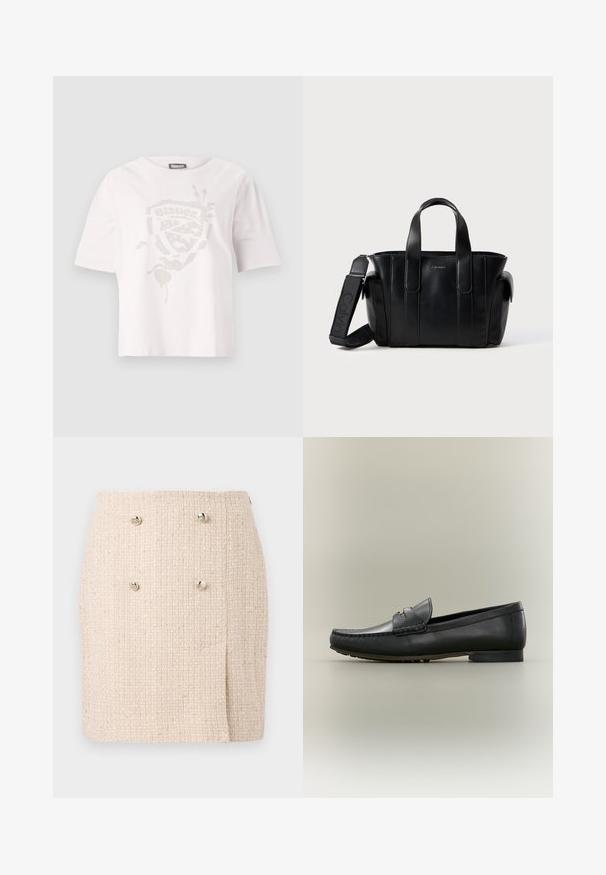 Witte T-shirt met korte mouwen, gemaakt van katoen, met een textuurontwerp in een subtiele metallic afwerking op de voorkant.; Beige textured rok met een geweven patroon, voorzien van twee opvallende zilveren knopen aan de voorkant en een licht asymmetrische zoom.; Zwarte leren loafer met mocassinnaad, lage hak en goudkleurig metalen detail op het bandje, getoond in profiel op een beige achtergrond.; Zwarte leren tote bag met dubbele handgrepen aan de bovenkant en een verstelbare schouderband. Heeft verticale naden en een minimalistisch ontwerp. Opvallend logo-detail.
