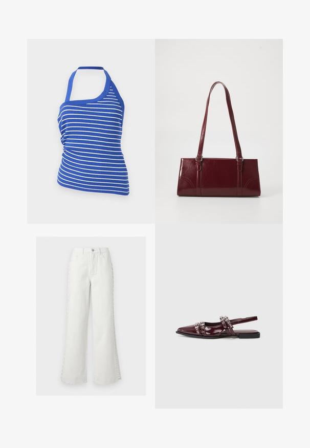 Crop top côtelé à rayures horizontales bleues et blanches, à col licou avec détails froncés sur les côtés.; Jeans blancs taille haute à jambes larges avec poches avant, passants pour ceinture, fermeture par bouton, et détail décoratif de laçage sur les côtés des deux jambes.; Chaussure plate slingback en cuir verni bordeaux avec un bout pointu, présentant des lanières décoratives avec des accents métalliques.; Sac à main bordeaux en matériau brillant, de forme rectangulaire, avec deux anses et des accents légèrement courbés à l'avant.