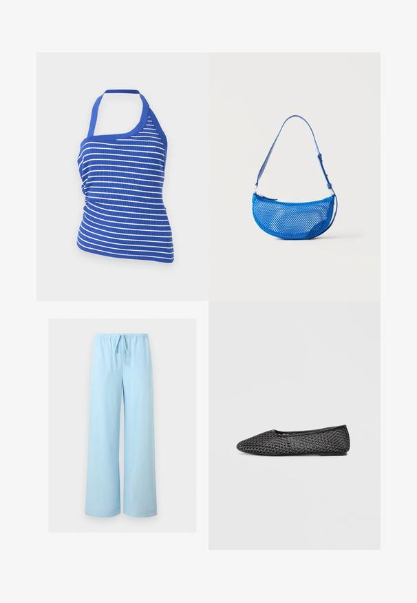 Μπλούζα crop top σε οριζόντιες ρίγες μπλε και λευκού με ριμπ ύφανση, halter λαιμόκοψη και ρυθμιζόμενες πλευρές με ρέλια.; Ανοιχτό μπλε, παντελόνι με φαρδιά πόδια, ελαστική μέση και κορδόνι, εμφανίζεται σε απλό γκρι φόντο.; Μαύρες πλεκτές μπαλαρίνες με μυτερή μύτη, υφή άνω με γεωμετρικό σχέδιο και επίπεδη ελαστική σόλα.; Μπλε τσάντα ώμου από δίχτυ με ρυθμιζόμενο ιμάντα και κλείσιμο με φερμουάρ, απεικονίζεται σε απλό λευκό φόντο.