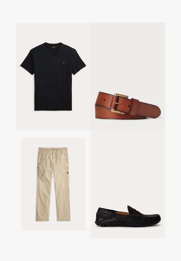 Camiseta negra de manga corta con escote en V y pequeño logo rojo de Polo Ralph Lauren en el pecho izquierdo.; Pantalones de algodón beige con gráficos bordados, incluyendo árboles y montañas, con cierre de botón y presillas para cinturón.; Mocasín negro de cuero sin cordones con puntera redondeada y detalles cosidos a lo largo de los laterales y la parte superior, mostrado de lado sobre un fondo blanco.; Cinturón de cuero en un rico color marrón con una textura suave. Presenta una hebilla de metal dorado y un detalle de logo en relieve. Cuenta con múltiples agujeros para ajustar el tamaño.