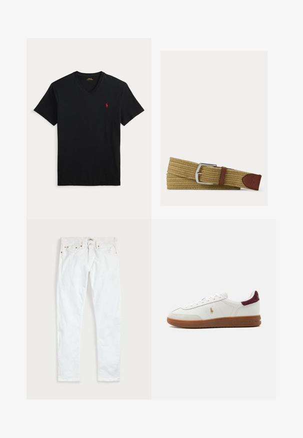 Camiseta negra de manga corta con escote en V y pequeño logo rojo de Polo Ralph Lauren en el pecho izquierdo.; Vaqueros blancos de corte ajustado con cinco bolsillos, cierre de botones y trabillas para cinturón, extendidos sobre un fondo liso y claro.; Zapatilla blanca de caña baja con suela de goma marrón, logo dorado del jugador de polo en el lateral, cordones blancos y lengüeta trasera de ante burdeos, de la marca Ralph Lauren.; Cinturón de tela trenzada color tostado con hebilla de metal plateado y detalles en cuero marrón, incluyendo un parche con logo cosido en el extremo.
