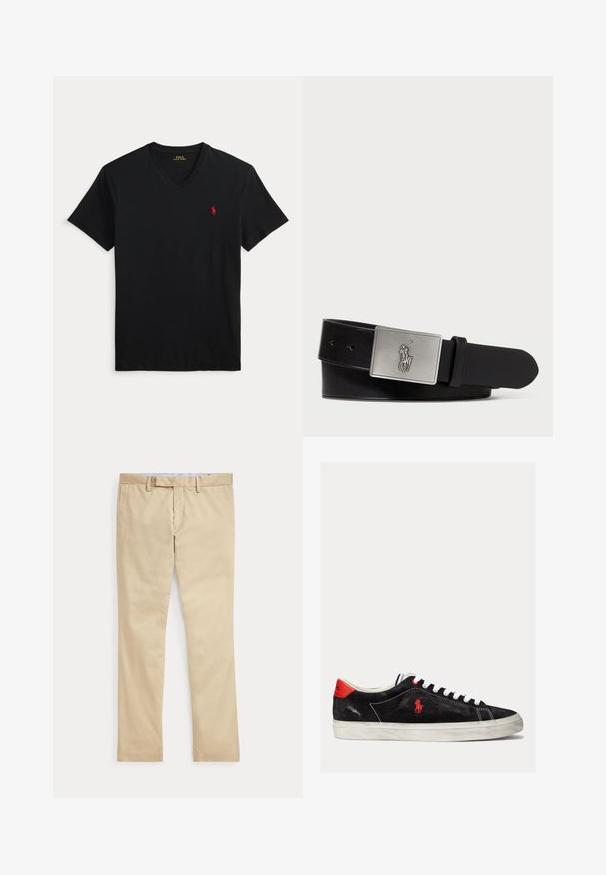 Čierne tričko s výstrihom do V a krátkym rukávom s malým červeným logom Polo Ralph Lauren na ľavej strane hrudníka.; Béžové nohavice s rovnými nohavicami, s pútkami na opasok a predným zipsom, položené na bielom pozadí.; Čierne semišové tenisky s bielymi šnúrkami, červenými akcentmi na päte a malým červeným logom. Obsahujú plochú gumovú podrážku a jednoduché prešívanie.; Čierny kožený opasok s obdĺžnikovou striebornou kovovou prackou s vyrazeným logom jazdca, hladkou textúrou a piatimi otvormi na opasok.