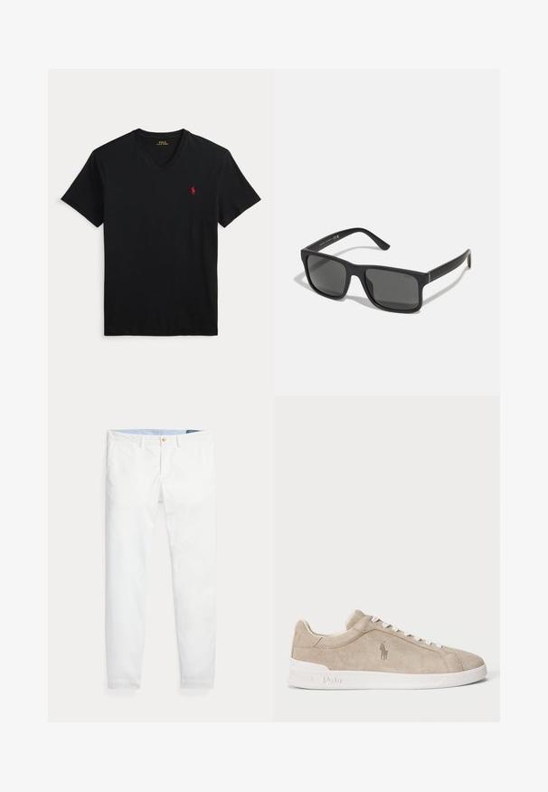 Čierne tričko s výstrihom do V a krátkym rukávom s malým červeným logom Polo Ralph Lauren na ľavej strane hrudníka.; Biele bavlnené chino nohavice s úzkym strihom, so zlatým jedným gombíkom na zapínanie a svetlomodrým vnútorným pásom. Hladká textúra bez vzorov.; Béžové semišové tenisky s bielymi šnúrkami a podrážkou, vyšívané logo Polo na boku a s embossovaným nápisom "Polo" na podrážke.; Čierne obdĺžnikové slnečné okuliare s tmavými sklami a matným povrchom. Obsahujú vyrazené logo "POLO" na ramenách a pevnú konštrukciu.