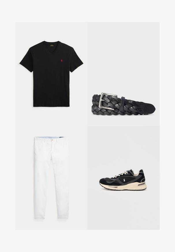 Čierne tričko s výstrihom do V a krátkym rukávom s malým červeným logom Polo Ralph Lauren na ľavej strane hrudníka.; Biele bavlnené chino nohavice s úzkym strihom, so zlatým jedným gombíkom na zapínanie a svetlomodrým vnútorným pásom. Hladká textúra bez vzorov.; Čierne a šedé tenisky s krémovou podrážkou a šnúrkami, s malým bielym logom koňa a značkou "Ralph Lauren" na päte.; Čierny kožený pletený opasok so striebornou kovovou prackou, s hladkou textúrou a slučkou na prispôsobenie, ktorá zobrazuje ležérny dizajn.