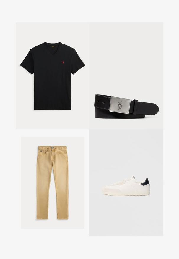Camiseta negra de manga corta con escote en V y pequeño logo rojo de Polo Ralph Lauren en el pecho izquierdo.; Vaqueros de algodón beige con un ajuste slim, diseño de cinco bolsillos y costura visible. Presentan un botón de metal y una etiqueta en la cinturilla.; Zapatillas blancas de cuero con detalles en ante, con una lengüeta negra en el talón, diseño con cordones, detalles perforados y marca sutil en el lateral.; Cinturón de cuero negro con una hebilla rectangular de metal plateado que presenta un logo de jinete en relieve, textura suave y cinco agujeros.