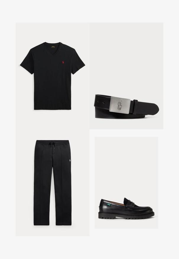 Schwarzes T-Shirt mit V-Ausschnitt und kurzen Ärmeln sowie kleinem rotem Polo Ralph Lauren Logo auf der linken Brust.; Schwarze Sweatpants mit geradem Bein, Kordelzug in der Taille und kleinem weißem Logo am linken Oberschenkel, flach auf hellem Hintergrund gezeigt.; Schwarzer Lederloafer mit dicker Sohle, abgerundeter Spitze und grünem Polo-Logo-Label an der Seite.; Schwarzer Leder-Gürtel mit einer rechteckigen silbernen Metall-Schnalle, die ein geprägtes Reiter-Logo trägt, glatter Textur und fünf Gürtellöchern.