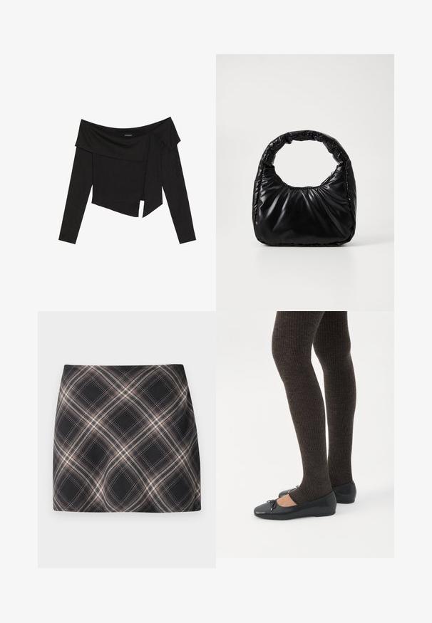Haut noir à épaules dénudées avec des manches longues, présentant un design superposé et un ourlet légèrement court. Fabriqué en matière côtelée.; Jupe mini à carreaux noir et beige avec un motif à checks diagonal, taille ajustée et texture de tissu lisse.; Jambes portant des leggings côtelés foncés associés à des ballerines noires avec de petits détails en nœud sur fond blanc.; Sac à main noir rembourré avec une poignée arrondie, présentant une surface lisse et brillante ainsi qu'une texture douce et matelassée. Pas de quincaillerie ou d'accents visibles.