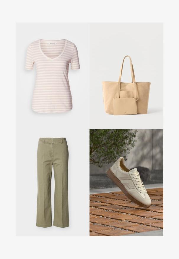 Kurzärmliges V-Ausschnitt-T-Shirt in hellem Beige mit dünnen, horizontalen weißen Streifen. Weicher Stoff mit lockerer Passform und abgerundetem Saum.; Herren-Stretchhose in Khaki mit geradem Bein, Gürtelschlaufen und vorderen Bügelfalten, dargestellt auf weißem Hintergrund.; Sneaker in cremefarben mit einer strukturierten, beigen Gummisohle, schnürungsdesign und dezentem Branding an der Seite. Glattes Lederobermaterial.; Beige Wildleder-Shopper mit langen Griffen und angebrachtem, passendem Reißverschluss-Beutel vor weißem Hintergrund.