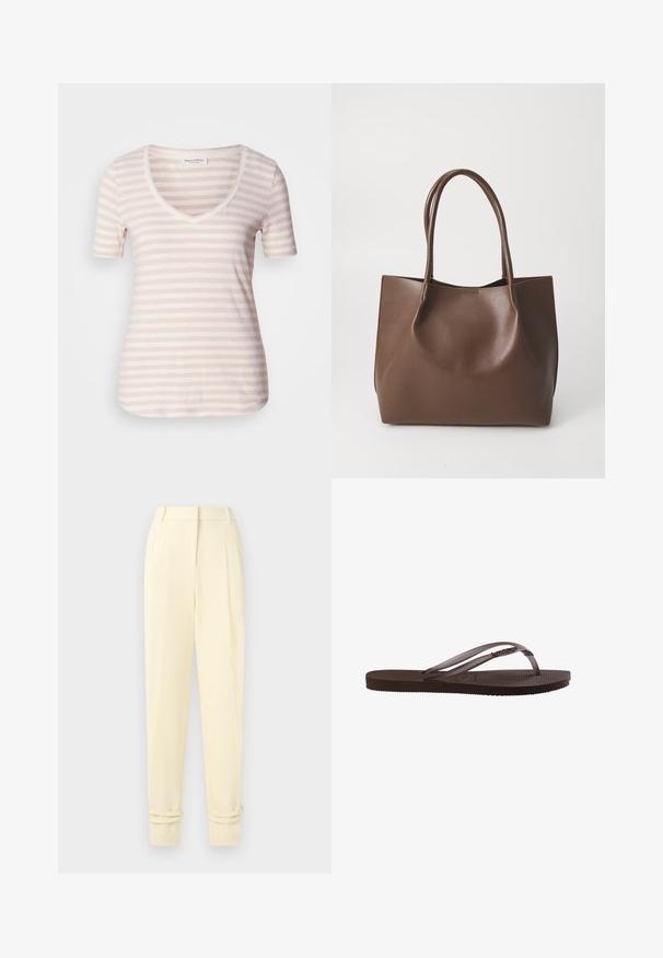 Kortærmet V-hals t-shirt i lys beige med tynde, vandrette hvide striber. Blødt stof med en afslappet pasform og afrundet kant.; Højttaljede, skræddersyede bukser i cremefarve med læg, tilspidsede ben og op rullede manchetter ved anklerne, vist mod en ensfarvet baggrund.; Brun gummiflips med tekstureret sål og tynde remme med lille dekorativt metal-detalje på siden.; Brun læder tote taske med to lange håndtag, struktureret form, glat tekstur og minimalistisk design. Ingen synligt hardware eller accenter.