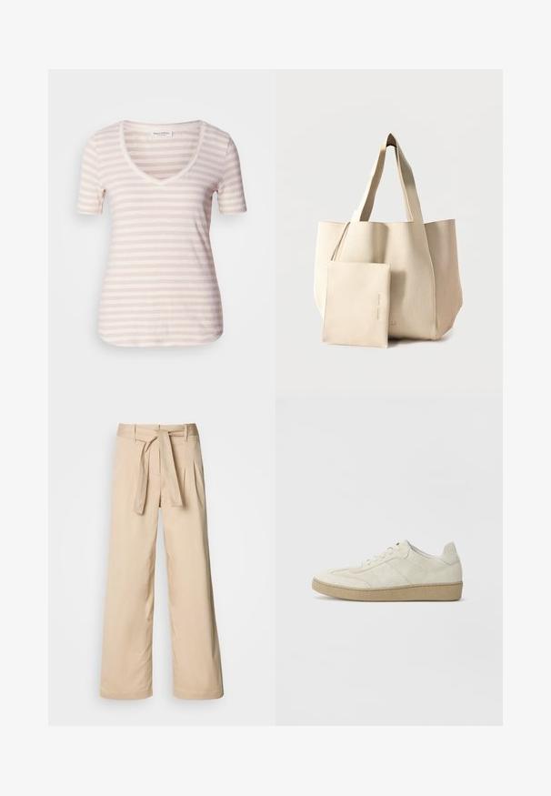 Kurzärmliges V-Ausschnitt-T-Shirt in hellem Beige mit dünnen, horizontalen weißen Streifen. Weicher Stoff mit lockerer Passform und abgerundetem Saum.; Beige weite Hosen mit einem hohen, gegurteten Bund, die vorne Falten und eine glatte Textur aufweisen. Keine Taschen oder erkennbaren Muster.; Beige Wildledersneaker mit strukturiertem Design, flacher Gummisohle und ausgeprägter Seitennaht. Runde Zehenform und gepolsterter Kragen.; Beige große Tote-Tasche mit gerippter Struktur und passender abnehmbarer Tasche mit Reißverschluss vorne auf einfarbigem Hintergrund.