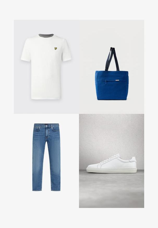 Hvid bomulds-T-shirt med rund hals, korte ærmer og grå halskant; har en lille gul broderet logo på brystet.; Blå straight-leg denimjeans med fem lommer, knap og lynlås lukning, og subtil falming på lårene.; Hvide sneakers med en glat læderoverdel og lav profil. Har en rund tå, seks snørehuller og en tekstureret gummisål.; Blå lærredstaske med lynlåslomme foran, dobbelte skulderremme og rektangulær form. Har en diskret mærkeetiket.