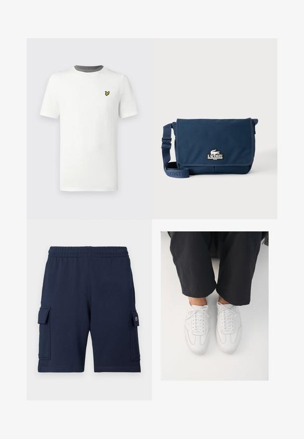 Weißes Baumwoll-T-Shirt mit rundem Hals, kurzen Ärmeln und grauem Halsausschnitt; auf der Brust befindet sich ein kleines gelbes gesticktes Logo.; Marineblaue Cargo-Shorts aus weichem Stoff, mit einem elastischen Bund, zwei Seitentaschen und einem kleinen Logoakzent auf der linken Tasche.; Weiße Ledersneaker mit glatter Textur, runder Zehenform und klassischem Schnürsystem, platziert über dunklen, locker sitzenden Hosen.; Marineblaue Lacoste Messenger-Tasche mit verstellbarem Riemen und Logo-Patch auf der Vorderklappe, vor einem schlichten hellen Hintergrund.
