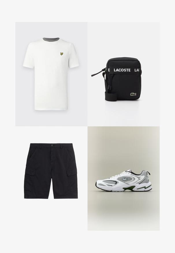 Hvid bomulds-T-shirt med rund hals, korte ærmer og grå halskant; har en lille gul broderet logo på brystet.; Sorte cargoshorts med frontknap og lynlås, to sidelommer, to klaplommer og bæltestropper.; Hvid og grå sporty løbesko med mesh-paneler, grønne detaljer, sorte elementer og et logo på siden, vist fra ydersiden.; Sort stof crossbody tas med en hvid LACOSTE logo rem, lynlås lukning i toppen og et grønt broderet krokodillelogo på forsiden.