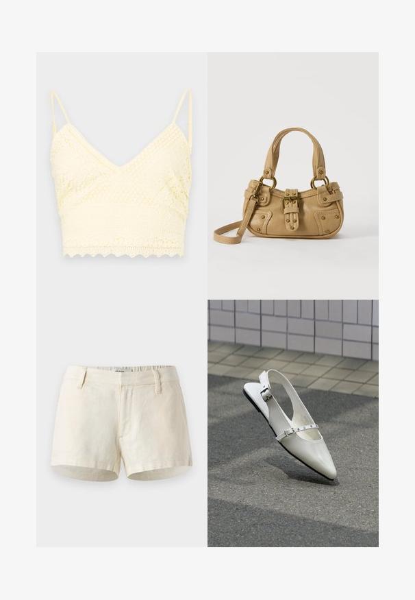 Gul blonde bralette med V-halsdesign, justerbare stropper, teksturerede mønstre og bølget kant.; Lys beige shorts lavet af linned. Har en flad talje, frontlommer og en ren kant. Simpelt, minimalistisk design.; Hvid spids slingback flad sko med to sølvspænder, vist udendørs på tekstureret underlag og flisebelagt væg baggrund.; Beige læderhåndtaske med dobbelte håndtag, messing spænde og nitte detaljer samt en justerbar skulderrem mod en hvid baggrund.