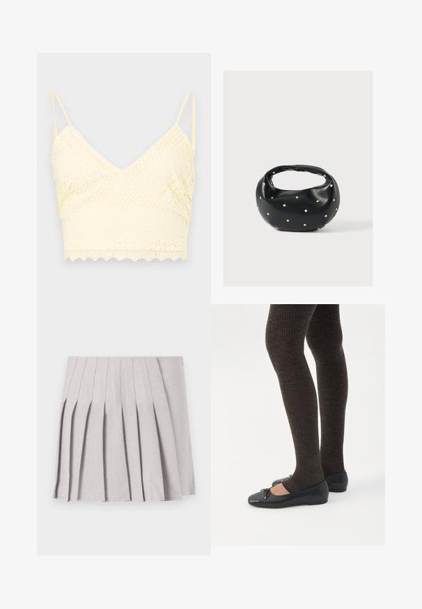 Gul blonde bralette med V-halsdesign, justerbare stropper, teksturerede mønstre og bølget kant.; Grå plisseret nederdel med en glat tekstur, der har flere lodrette folder og en tætsiddende talje. Fremstillet af letvægtsstof.; Ben iført mørke ribbede leggings kombineret med sorte balletsko med små sløjfedetaljer på hvid baggrund.; Sort læderhåndtaske med en rundet form, dekoreret med sølvnitter, og et kort håndtag. Glat tekstur og lynlåslukning.