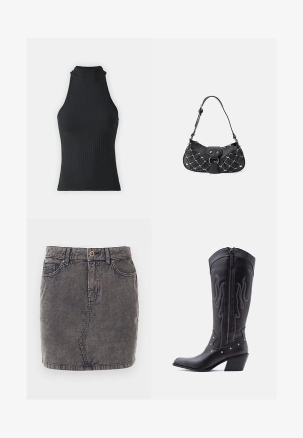 Haut sans manches noir à col montant, avec une coupe ajustée et un tissu extensible, présentant une texture subtile et des bords ourlés.; Jupe en denim grise avec une texture côtelée verticale, dotée d'une fermeture à boutons sur le devant, de deux poches latérales et d'un ourlet droit.; Bottes de cow-boy en cuir noir avec bout pointu, coutures apparentes, ornements à clous argentés et fermeture éclair sur le côté intérieur.; Sac à main noir avec texture matelassée, doté de quincaillerie en argent, d'une forme incurvée et d'une seule bandoulière réglable. Fermeture zippée sur le dessus.