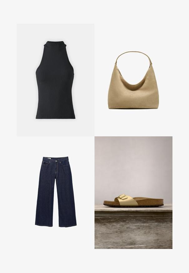 Zwart geribbeld hoog-nekkleed zonder mouwen met een getailleerde pasvorm en rekbaar materiaal, met een subtiele textuur en afgewerkte randen.; Donkerblauwe denim jeans met wijde pijpen, voorzakken, riemlussen en een knoopsluiting.; Gouden synthetische slipper met een enkele band en een gespaccent, met een bruine kurken voetbed en een gestructureerde rubberen zool.; Beige suède hobo-handtas met een enkele gebogen schouderband en een losse, afgeronde vorm op een witte achtergrond.