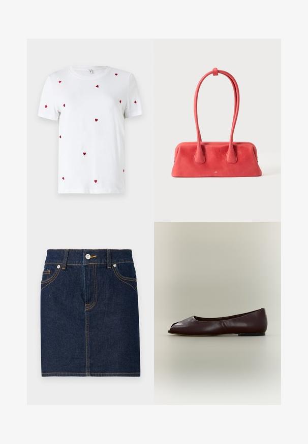 T-shirt en coton blanc avec des cœurs rouges brodés éparpillés. Encolure classique ronde et manches courtes. Design simple et moderne.; Jupe en denim bleu foncé avec des coutures visibles, design à cinq poches et fermeture par bouton à l'avant. Coupe droite avec un ourlet net.; Chaussure plate en cuir marron foncé avec bout ouvert et petit talon sur fond clair uni.; Sac à main en cuir rouge avec une longue poignée fine bouclée et fixée en haut, présenté sur un fond clair uni.