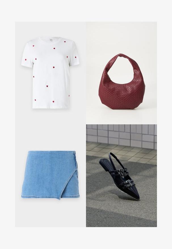 T-shirt en coton blanc avec des cœurs rouges brodés éparpillés. Encolure classique ronde et manches courtes. Design simple et moderne.; Jupe mini en denim bleu clair, avec un design enroulé, un ourlet effiloché et une texture lisse. Pas d'autres embellissements ou motifs.; Sandale plate noire à bout pointu avec plusieurs sangles à boucle et un talon arrière, positionnée au-dessus d'une surface pavée et d'un mur carrelé en arrière-plan.; Sac à main tissé bordeaux avec une silhouette arrondie, une seule poignée et une finition texturée. Fermeture zippée en haut.