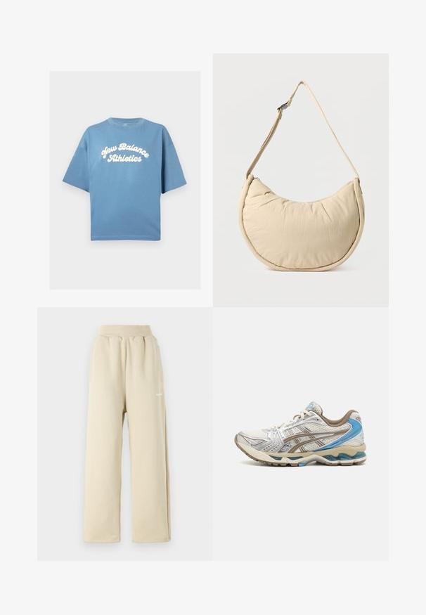 Μπλε βαμβακερό T-shirt με χαλαρή εφαρμογή, διαθέτοντας κοντά μανίκια και κυκλικό λαιμό. Λευκό λογότυπο "New Balance Athletics" εκτυπωμένο κεντρικά.; Μπεζ παντελόνια φόρμας με φαρδιά πόδια, κατασκευασμένα από μαλακό ύφασμα, με ελαστική μέση, πλαϊνές τσέπες και λεπτομέρεια με μικρό κεντημένο λογότυπο.; Άσπρο και μπεζ αθλητικό παπούτσι με μπλε λεπτομέρειες, άνω μέρος από δίχτυ, μαλακή σόλα και σχεδιασμό με κορδόνια, εμφανιζόμενο από την εξωτερική πλευρά.; Μπεζ τσάντα ώμου σε σχήμα μισοφέγγαρου με απαλό, επενδεδυμένο υλικό. Διαθέτει ρυθμιζόμενο λουρί και κλείσιμο με φερμουάρ κατά μήκος της πάνω άκρης.