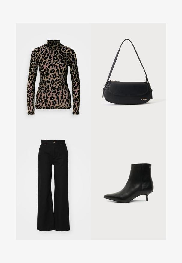 Haut à manches longues en imprimé léopard noir et beige, fabriqué à partir d'un tissu doux et texturé. Présente un col montant et une silhouette ajustée.; Pantalons larges noirs en denim à taille haute, avec une fermeture éclair à l'avant, un bouton de fermeture et des coutures rouges.; Bottine en cuir noir avec bout pointu et petit talon kitten sur fond clair, vue côté extérieur.; Sac à épaule en cuir noir avec rabat incurvé, logo doré "HUGO" sur le devant, et une bandoulière réglable.
