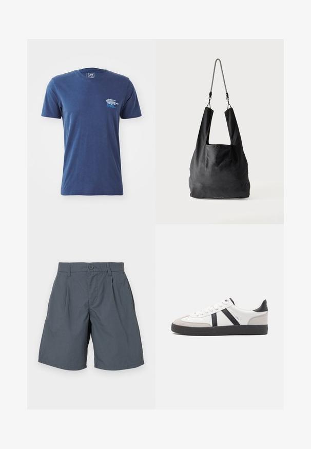 Marineblå bomulds t-shirt med korte ærmer, rund halsudskæring og et grafisk design af en hånd samt tekst på venstre brystområde.; Grå shorts lavet af letvægtsstof, med en frontknaplukning, to sidelommer og en lige skæring.; Hvide sneakers med sorte og grå detaljer, med en tekstureret grå tåhætte, sort gummisål og flade hvide snørebånd. Rent design, minimalistisk stil.; Sort blød stofnettaske med brede håndtag og en tynd sort-hvid flettet skulderrem.
