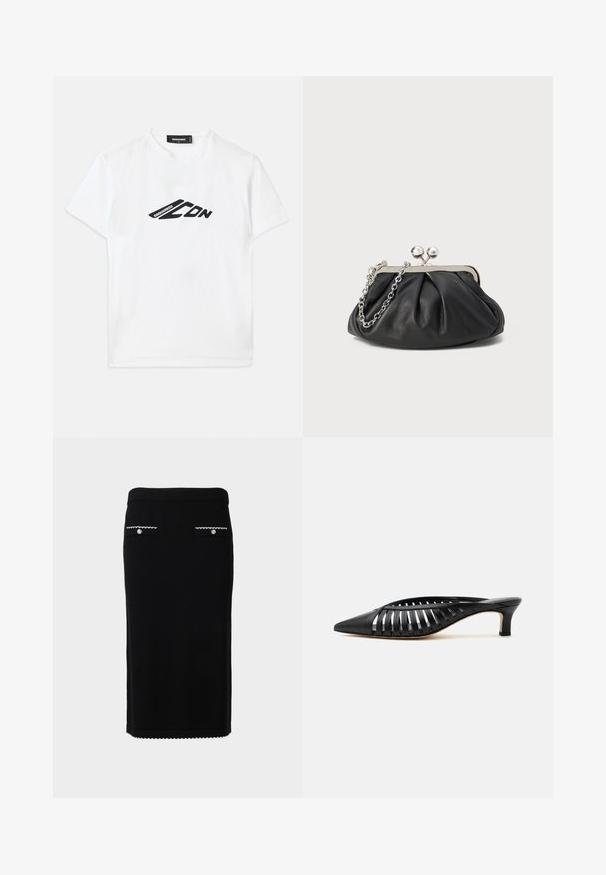 T-shirt en coton blanc avec un imprimé logo noir à l'avant. Encolure ronde classique et manches courtes avec une coupe décontractée.; Jupe crayon noire longueur genou avec deux poches avant boutonnées bordées de bords festonnés blancs.; Mule en cuir noir avec bout pointu, design découpé à brides et petit talon kitten sur fond blanc.; Porte-monnaie en cuir noir avec texture froncée, cadre en métal argenté, fermeture à verrouillage kiss-lock et bandoulière en chaîne. Surface lisse et douce.