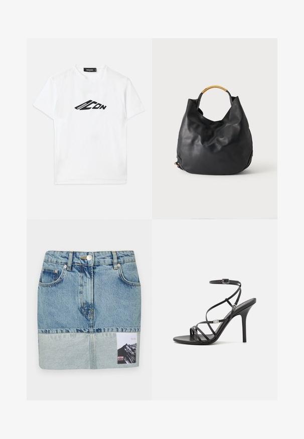 T-shirt en coton blanc avec un imprimé logo noir à l'avant. Encolure ronde classique et manches courtes avec une coupe décontractée.; Jupe en denim mini avec un dégradé de bleu, design à cinq poches, quincaillerie en argent et étiquette imprimée avec un graphique de montagne.; Sandale noire à talons hauts avec des brides fines, une boucle à la cheville, une surface en cuir lisse et un talon aiguille élancé.; Sac à main en cuir noir avec une poignée en métal doré courbée, design décontracté et fond arrondi sur un fond clair uni.