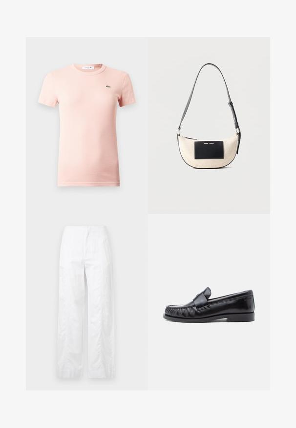 T-shirt à manches courtes côtelé rose clair avec un col rond et un petit logo crocodile vert Lacoste sur le côté gauche de la poitrine.; Pantalons larges blancs en tissu léger, présentant une texture lisse, des lignes épurées et une taille haute.; Mocassins en cuir noir avec un bout arrondi, une couture distinctive et une bride décorative sur le cou-de-pied. Finition lisse et talon bas.; Sac à épaule beige en forme de croissant avec une sangle noire réglable et un patch rectangulaire noir à l'avant avec un petit texte blanc.