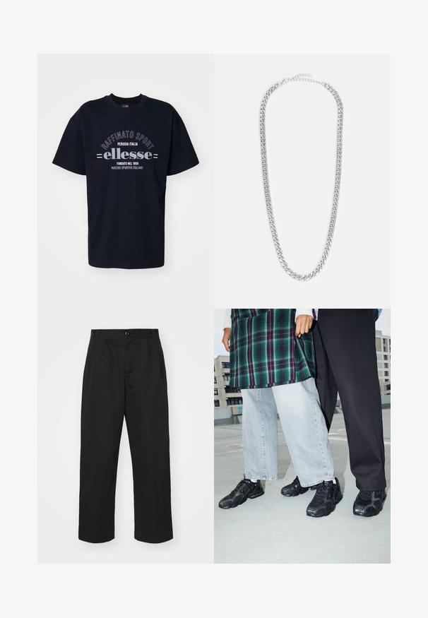 Zwarte katoenen t-shirt met een ronde hals. Voorzien van witte bedrukte tekst "Raffinato Sport" en "ellesse" met vintage details.; Zwarte katoenen broeken met een rechte pasvorm, voorzien van een knoopsluiting, twee voorkruiden en een soepele textuur.; Zwarte sportieve schoenen met mesh- en rubberaccenten. Draagt een lichtgrijze wijde spijkerbroek en een groen geruit shirt. Effen achtergrond.; Zilveren metalen kettinghalsband met verweven schakels, een gladde textuur en een verstelbare sluiting voor het aanpassen van de lengte.