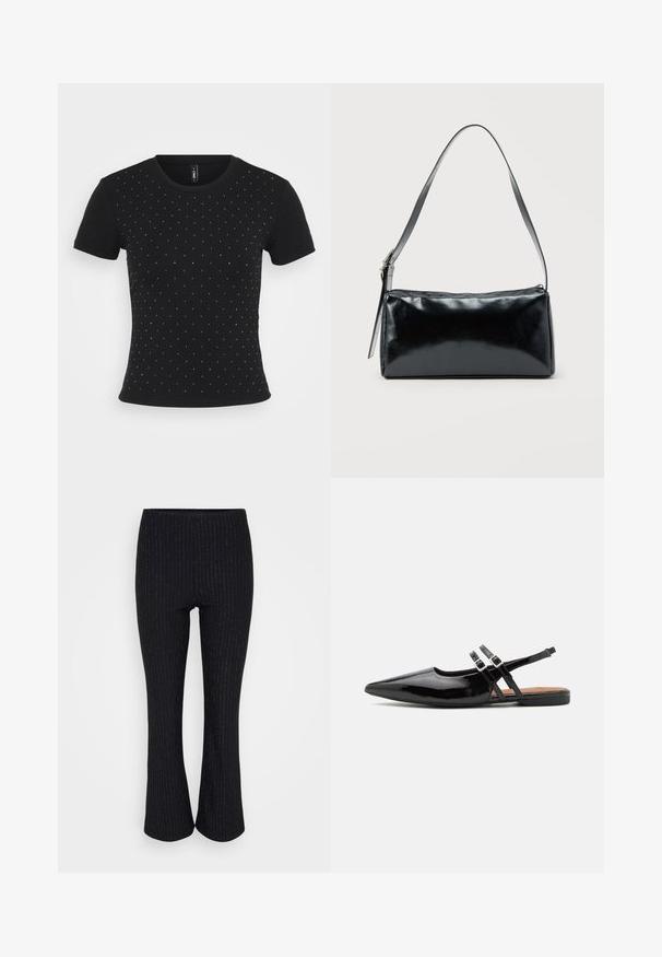 Zwarte kortek mouw t-shirt van ribbelstof, met verspreide rhinestone accenten over de voorkant voor extra detail.; Zwarte wijde broek met dunne verticale witte strepen en een elastische tailleband, weergegeven tegen een witte achtergrond.; Zwarte gepatineerde leren slingback schoenen hebben een spitse neus, twee banden met gespsieraden en een platte zool.; Zwarte rechthoekige schoudertas met een enkele verstelbare band en een bovenste ritssluiting op een effen achtergrond.